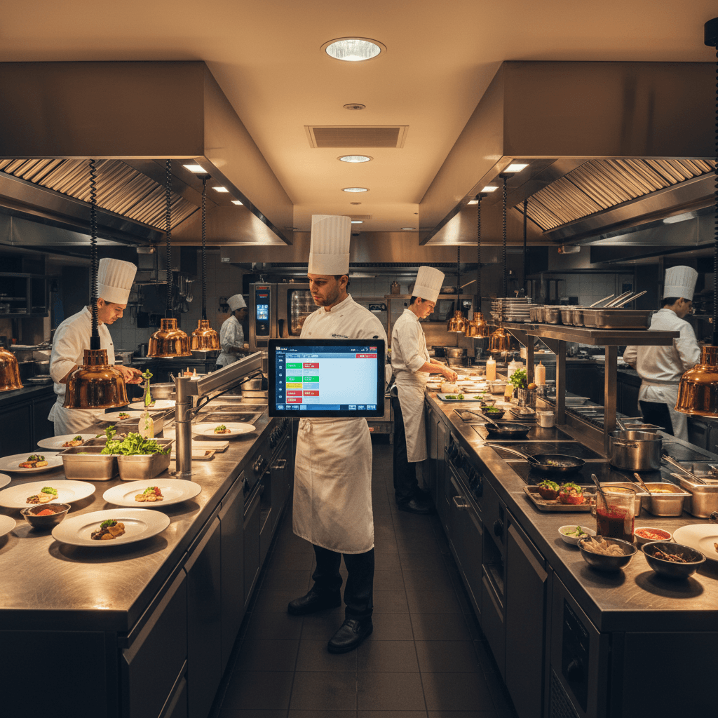 Hotelküche mit digitalem Küchensteuerungs-Display