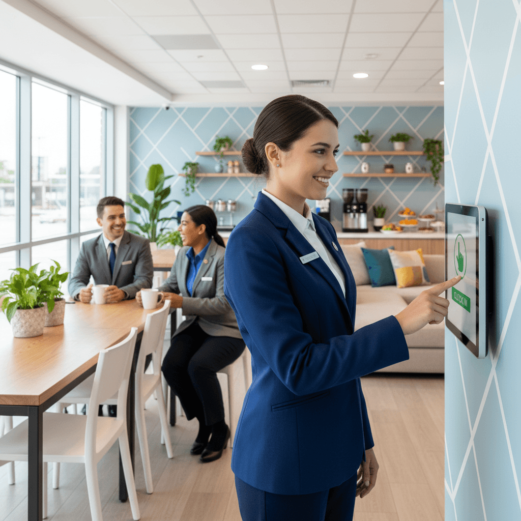 Mitarbeiterin stempelt am Kiosk-Terminal ein